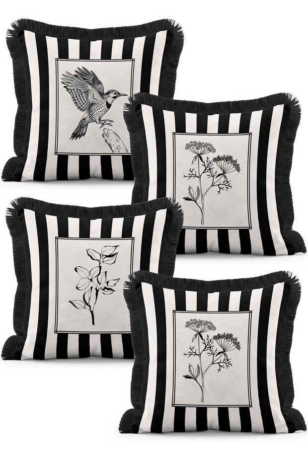 Black and White Striped Botanical Floral and Bird Patterned 4-Piece Fringed Throw Pillow Cover Set