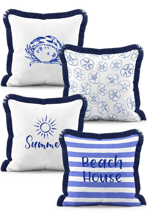 Summer and Beach Themed Crab and Seashell Striped 4-Piece Fringed Throw Pillow Cover Set