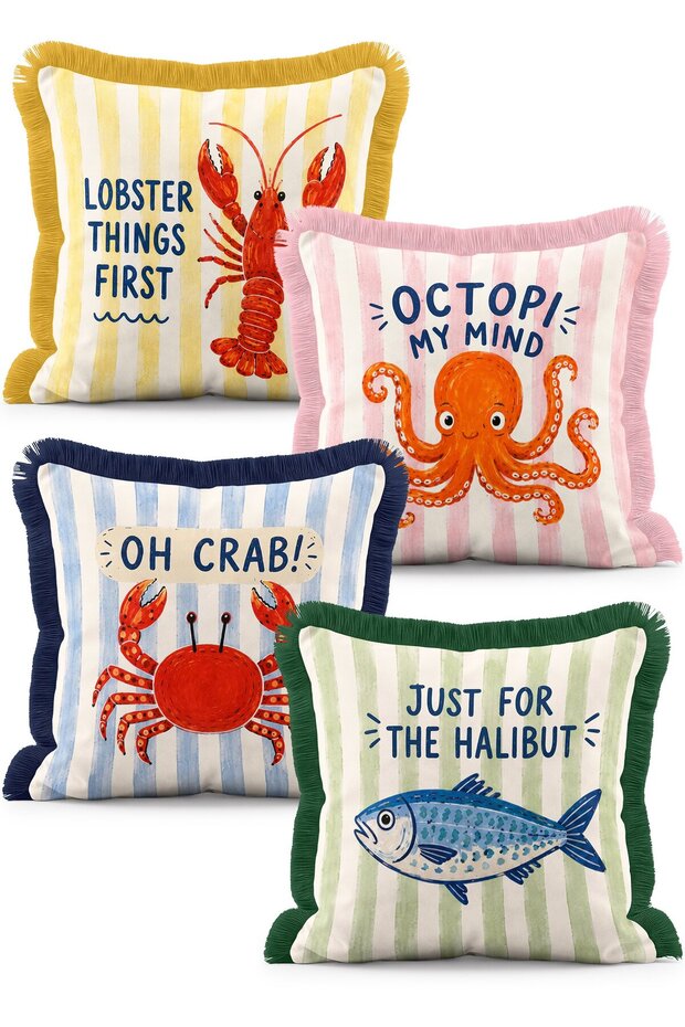 Set of 4 Fringed Throw Pillow Covers with Striped Background and Lobster, Octopus and Fish Figures