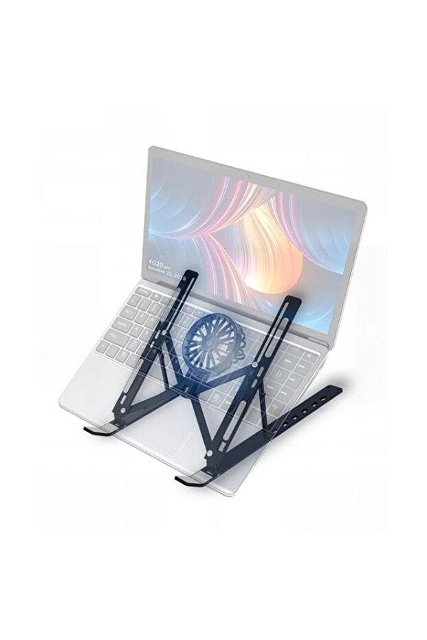 Adjustable Laptop Stand with Cooling Fan, Multi-Angle & Portable Aluminum Foldable Riser for Notebook, Tablet, Phone, and Book - Ergonomic Desk Holder (Black)