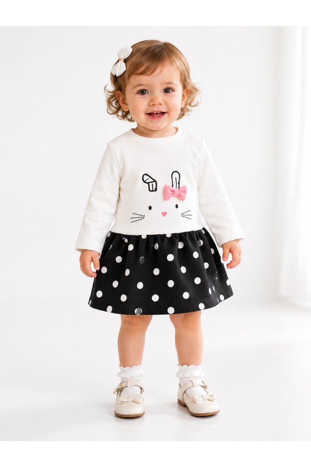 Girl's Black and White Polka Dot Dress – 95% Cotton, Two-Thread Raised Yarn, Rabbit Pattern, Soft Fabric