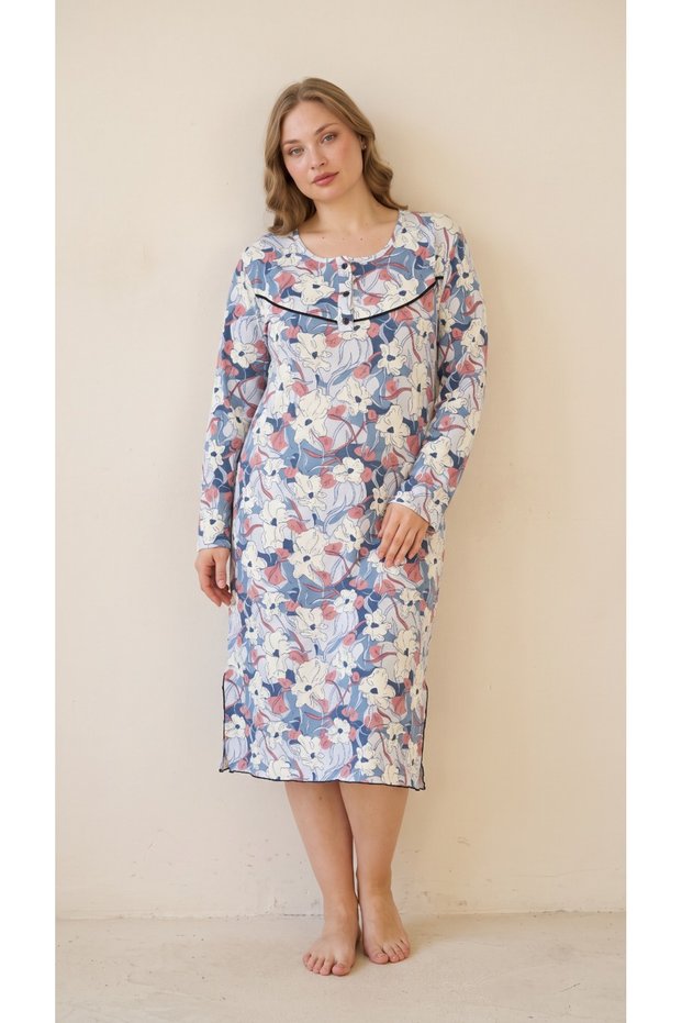 Floral Patterned Viscose Half Placket Button Detailed Long Sleeve Plus Size Dress