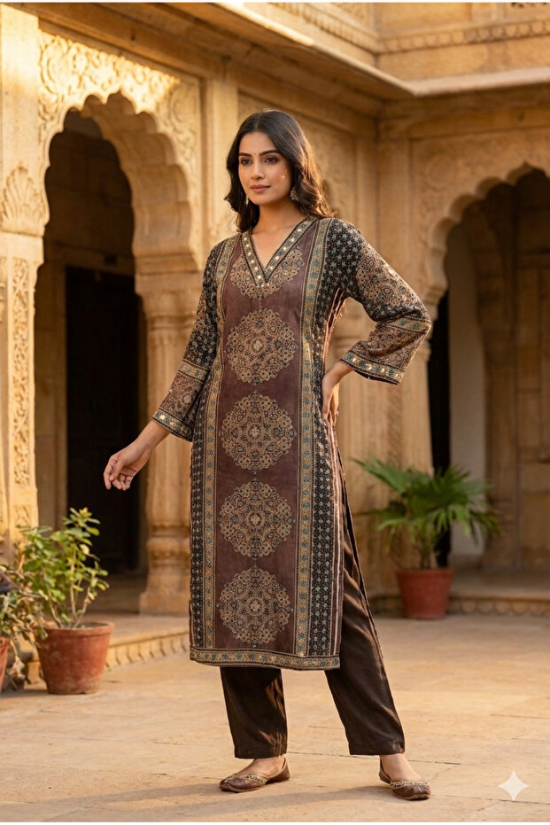 Deep Brown Ajrakh Print Kurta Pant set