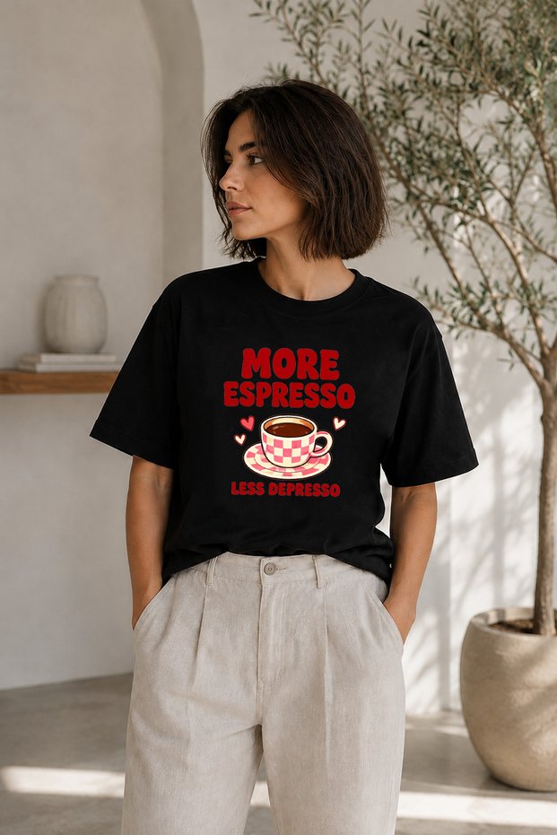 Premium More Espresso Less Depresso Printed Black Oversize Women's T-Shirt