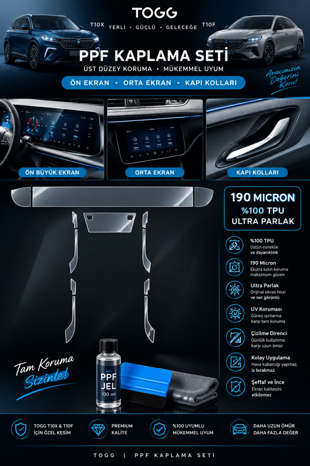 Togg 10X and 10F Compatible Interior Parts Ppf Coating 190 Micron 100% Tpu,Main Screen, Middle Screen, Door Handles Gel and Ragle Included Shipping