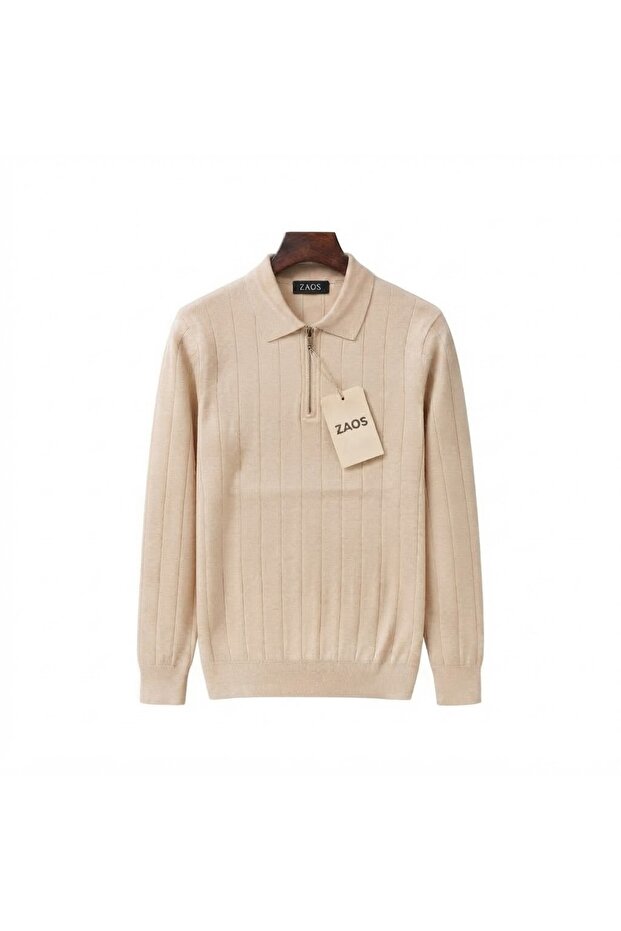 Men's Long-Sleeved Zippered Basic Polywool Knitwear Sweater Regular Fit