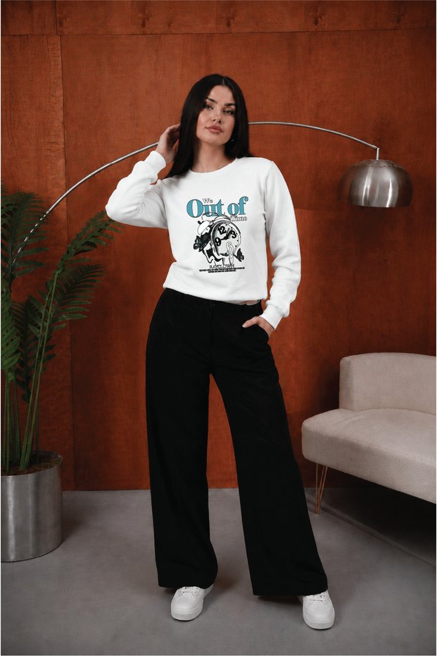 Women's We Out of Saat Graphic Printed Comfortable Fit Crew Neck White Sweatshirt