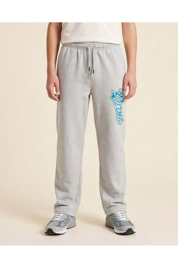 Senior Boys Grey Melange Wide Leg Track Pants With Leg Print