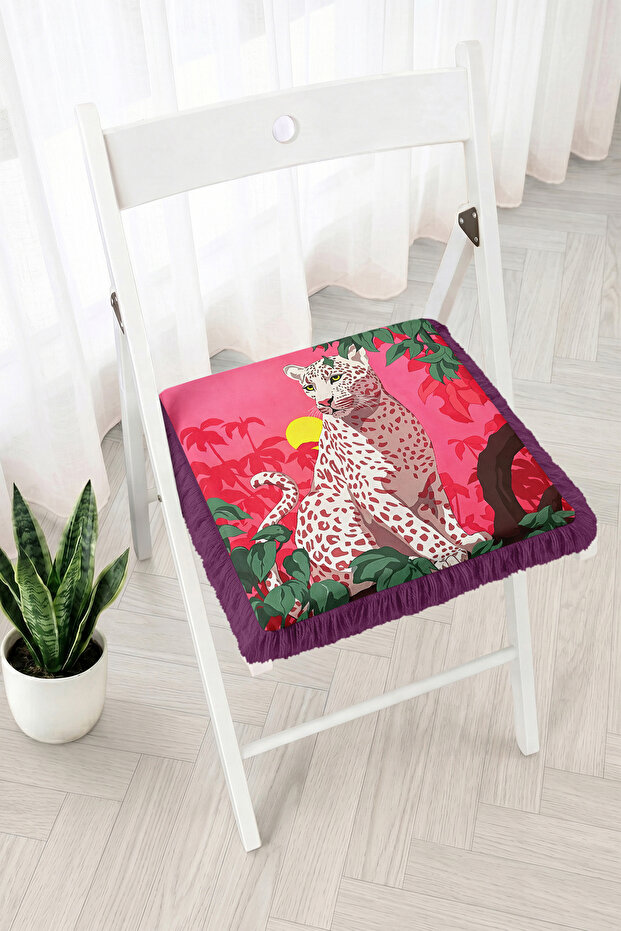 Leopard Figured Tropical Leaf and Sun Pattern Fringed Zippered Chair Cushion - Tufted Kitchen Decoration