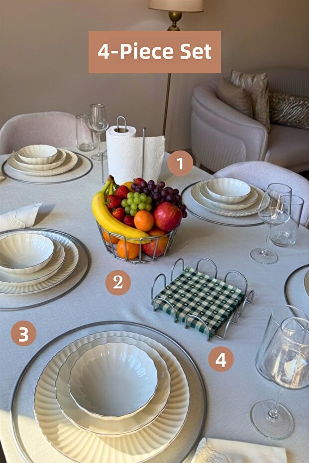 Set of 4 Matte Silver 6-Piece Supla Square Napkin Holder Vertical Paper Towel Holder with Divider Oval Cornered Fruit Basket Mut