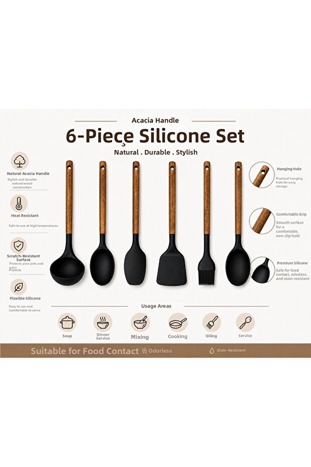 6-Piece Silicone Kitchen Utensil Set with Acacia Wood Handles – Spatula-Skimmer-Spoon-Brush – Non-Scratch, Pot-Friendly