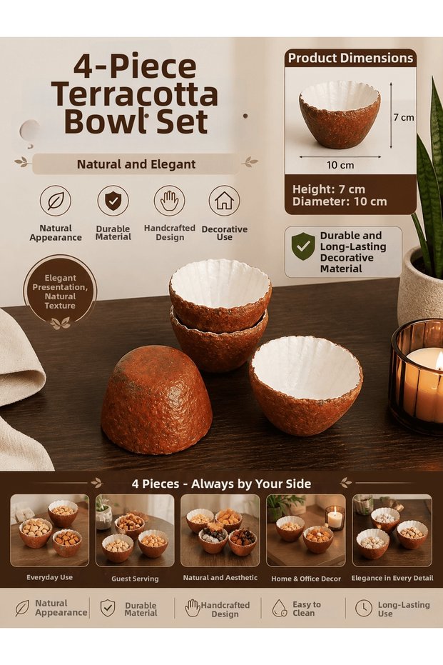 Set of 4 Decorative Snack Bowls Terracotta & Vanilla Color – Handmade Unbreakable Presentation Bowl 10 cm