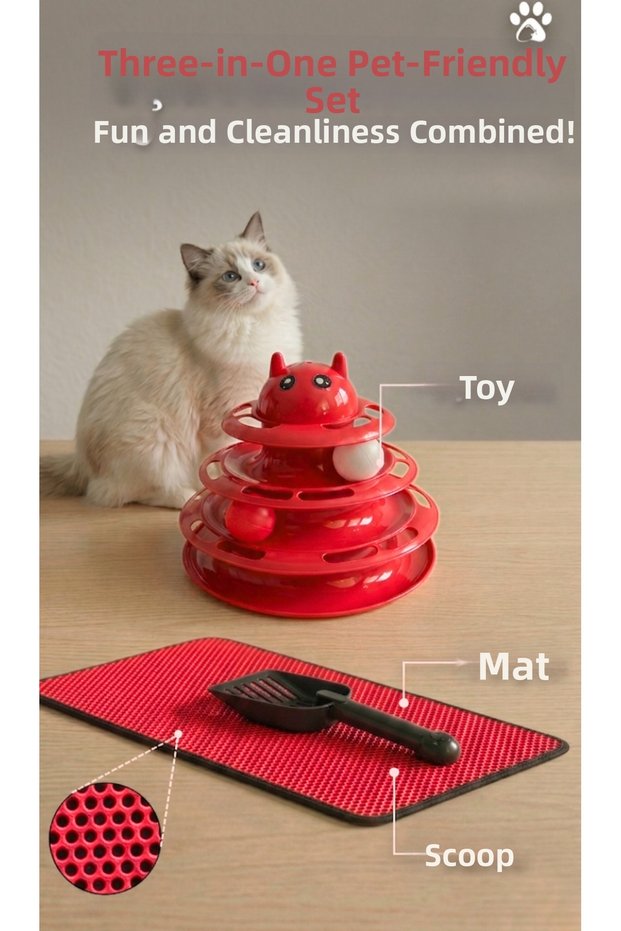 Pati Dostu 3-Piece Cat Set - 3-Layer Interactive Ball Cat Toy + Mat + Cat Litter Scoop