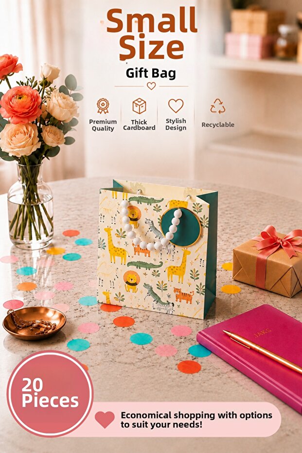 20 Pcs (15.4 X 18.4 X 7.6 cm) - Small Size Cardboard Gift Bag with Safari Animal Pattern