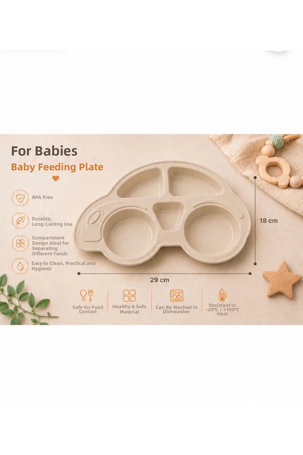 Home 4-Compartment Food Plate with Car Figures – Beige