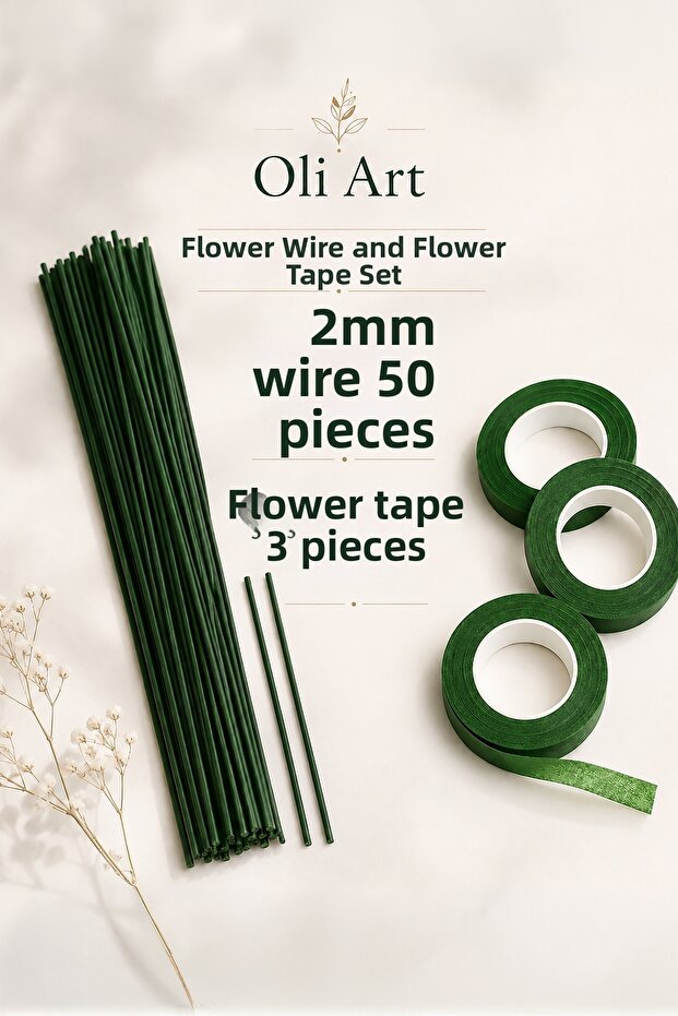 50 Pcs 2 mm 30 cm Green Floral Wire and 3 Pcs 35 m Green Floral Tape Set Chenille Wire Flower Making