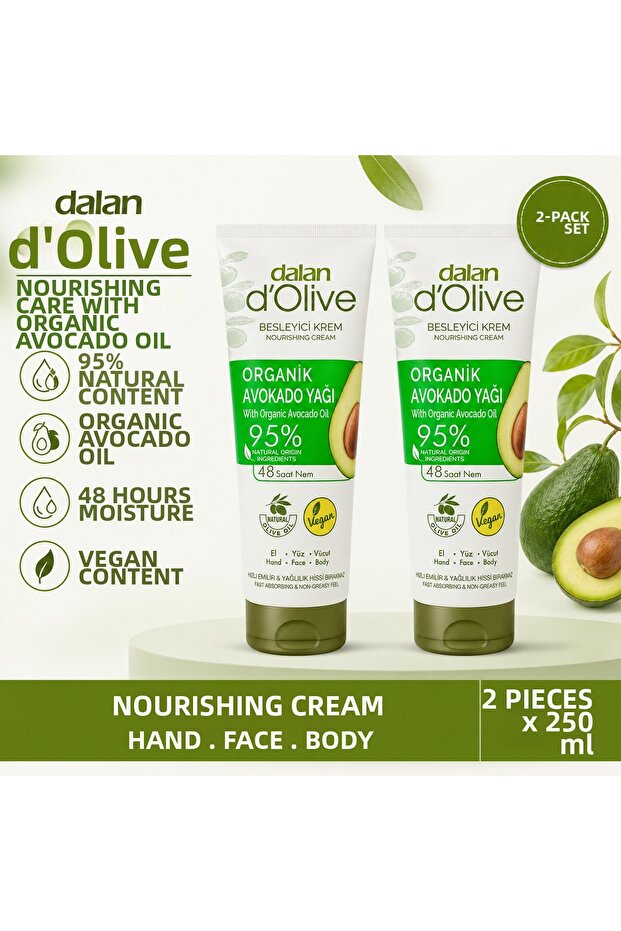 D'Olive Organic Avocado Oil Fast Absorbing Tube Cream 250 ml 2 Pieces