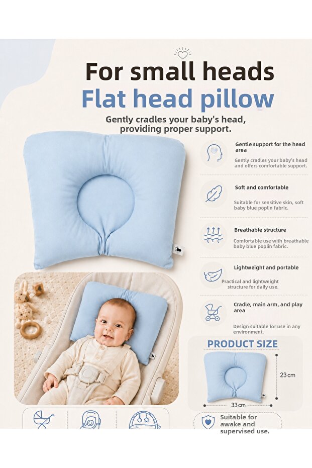 Baby Flat Head Pillow Newborn Head Support Cushion 33X23 cm