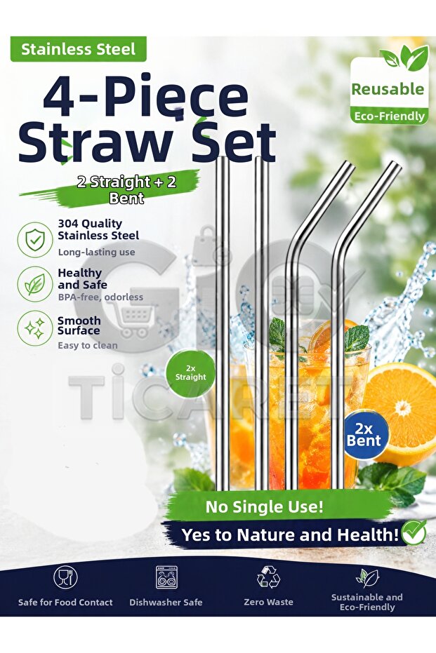 4-Piece Stainless Steel Straw Set (2 Straight, 2 Angled) Reusable Washable Metal Straw
