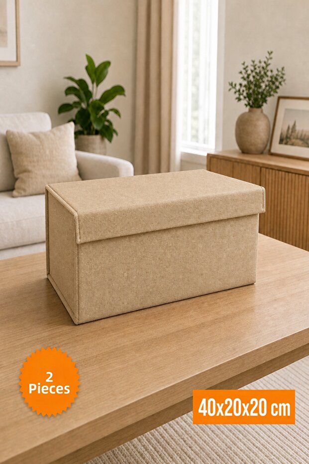 2 Pieces Beige Closet Organizer with Lid, Foldable Clothing Storage Box, Shelf Organizer Large 40X20X20Cm