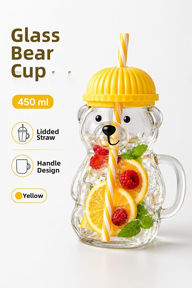 Magic Glass Teddy Bear Cup 450 ml Glass Mug with Lid and Straw and Bear Figure Drink Cup