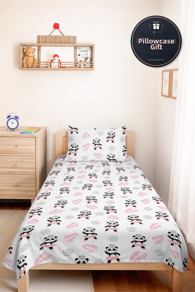 Panda Pink Girls' Pique Set - Pastel Black Baby Room Seasonal Bedspread - 160X220 cm