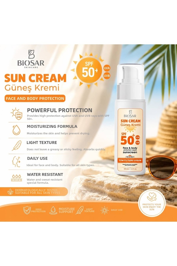 كريم الحماية من الشمس للوجه والجسم من All Skin SPF 50+، 100 مل - حماية من الأشعة فوق البنفسجية فئة A وB