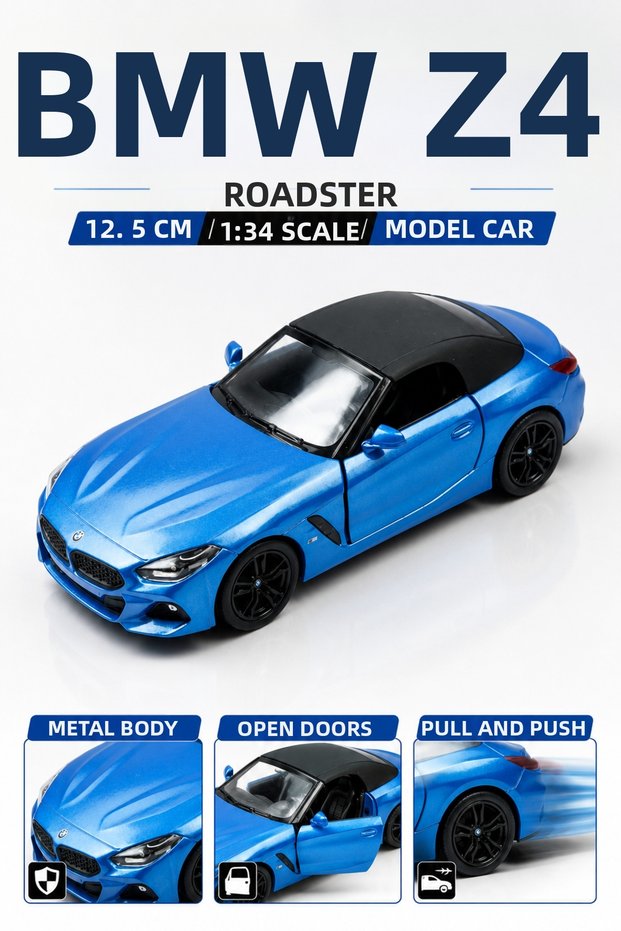 Die Cast Bmw Z4 Roadster Model Car 12.5cm – 1:34 Scale Metal Body Pull-Open Door Pull-And-Go Car