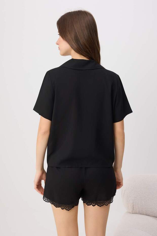 Siyah More Sustainable Solmayan Siyahlar Dantel Detaylı Viskon Dokuma Pijama Takımı THMSS26PT00227 - 5