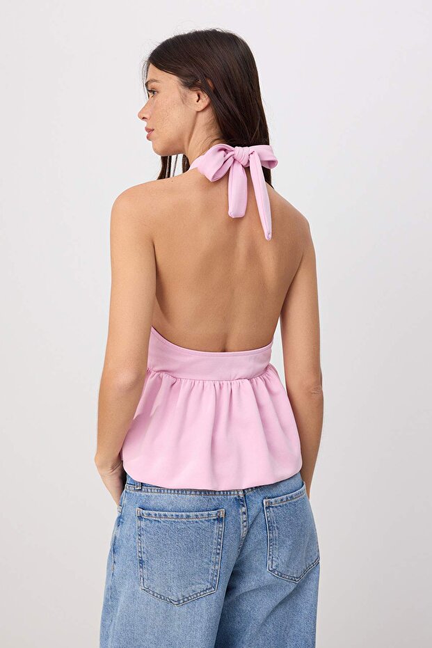 Pembe Fitted/Vücuda Oturan Boyundan Bağlamalı Büzgülü Soft Touch Örme Bluz TWOSS26BZ00787 - 4