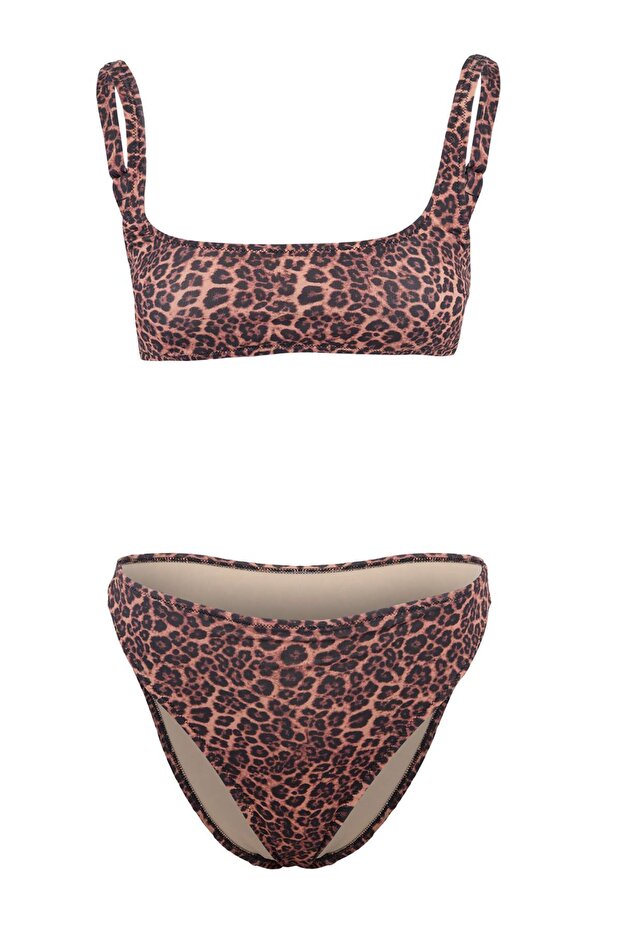 Leopar Desenli Kare Yaka Kaplı Normal Bel High Leg Brazilian Bikini Takımı TBESS26BT00151 - 4
