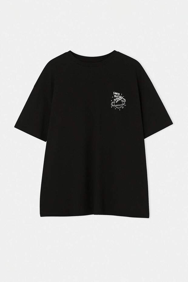 Siyah %100 Pamuk Oversize/Geniş Kalıp Galaksi Baskılı Büyük Beden Örme T-Shirt TBBSS26BF00009 - 7