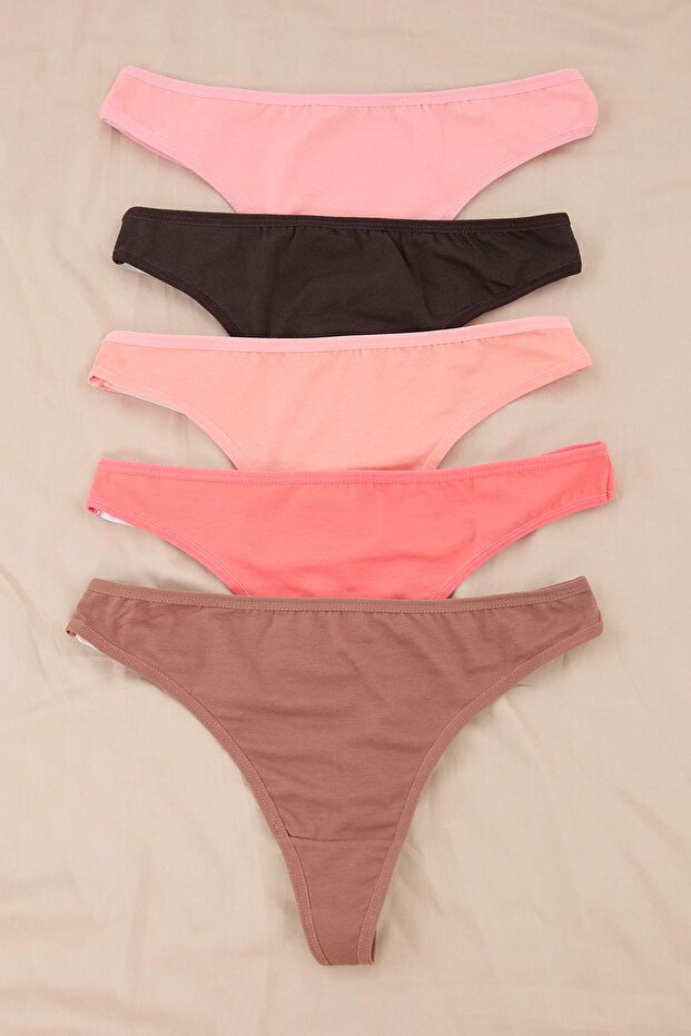 Brown-Multicolor 5-Piece Cotton Blend Thong Panties Thmss26Ku00027