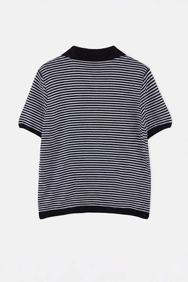 Lacivert Çizgili Polo Yaka İnce Yazlık Triko Bluz TBBSS26AF00205 - 8