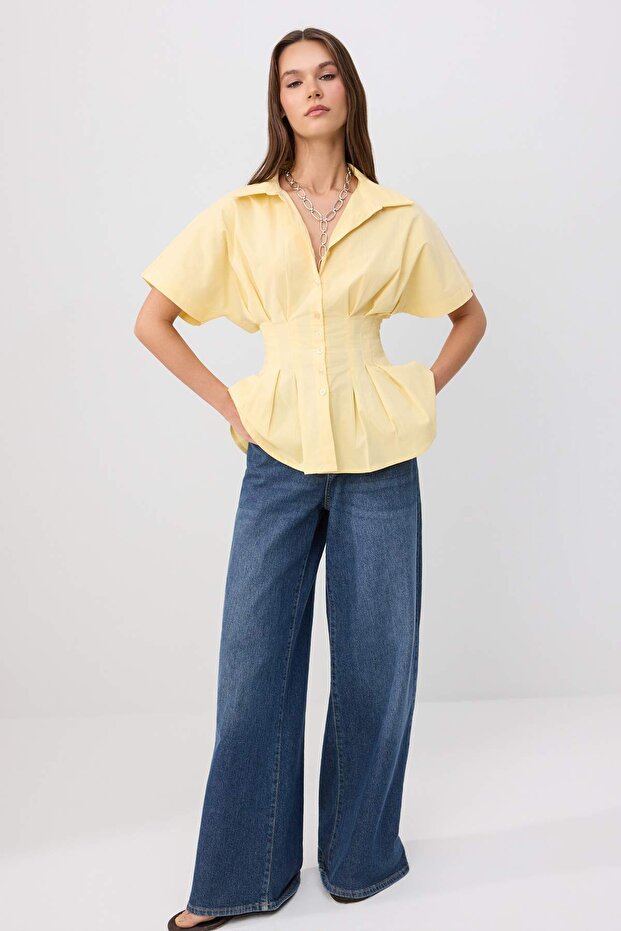 Sarı Pile Detaylı Bele Oturan Lycralı Poplin Pamuklu Gömlek TWOSS26GO00158 - 2