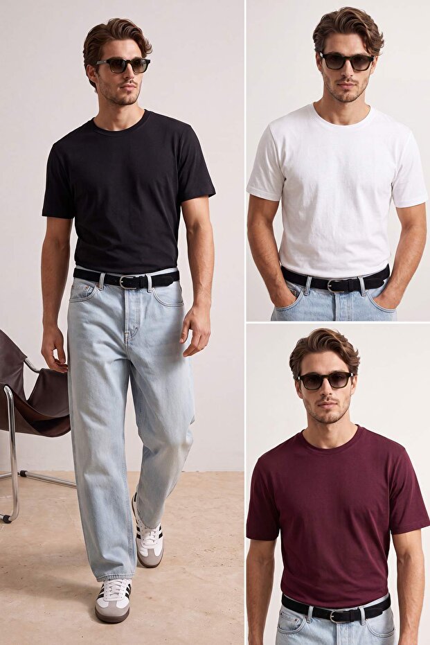 Burgundy- White- Black 3-Pack Slim/Fitted Basic 100% Cotton T-Shirt Tmnss19Bo0007
