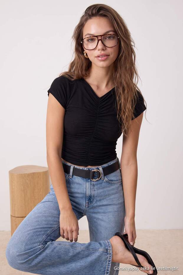 Black Fitted/V-Neck Short Sleeve Ruched Soft Knitted Blouse Twoss26Bz00769