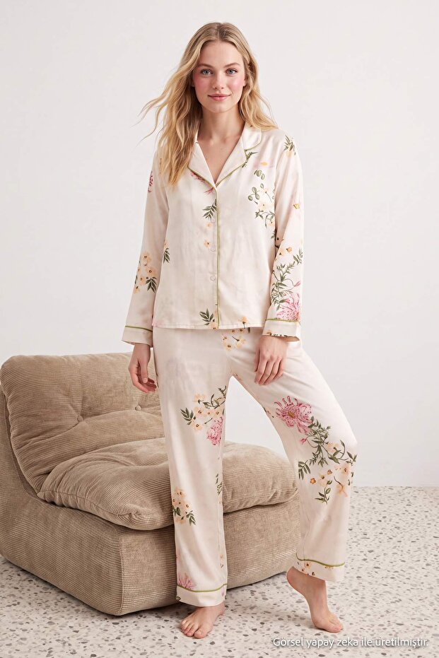 Beyaz Çiçekli Saten Dokuma Pijama Takımı THMAW27PT00010 - 1