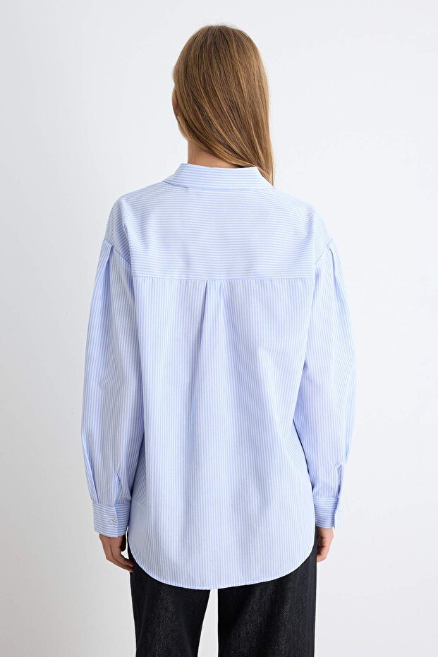 Mavi Çizgili Oversize/Geniş Kalıp Dokuma Gömlek TWOSS23GO00144 - 4