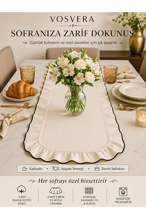 Natural Cotton Linen Ruffled Vintage Frilled Table Runner Curved Detail Piped Runner 40 x 110 cm