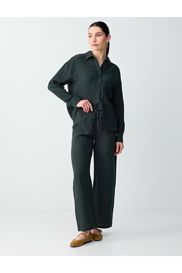 Dark Green 100% Cotton Regular Waist Lace-Up Long Woven Trousers
