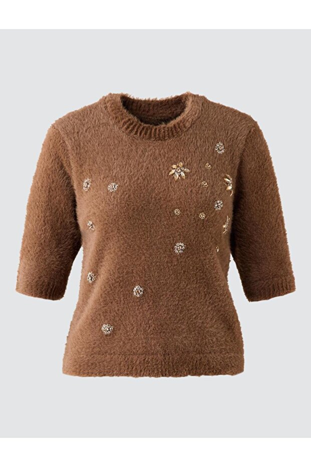 Bitter Brown Round Neck Three Quarter Sleeve Stone Detailed Knitwear Sweater