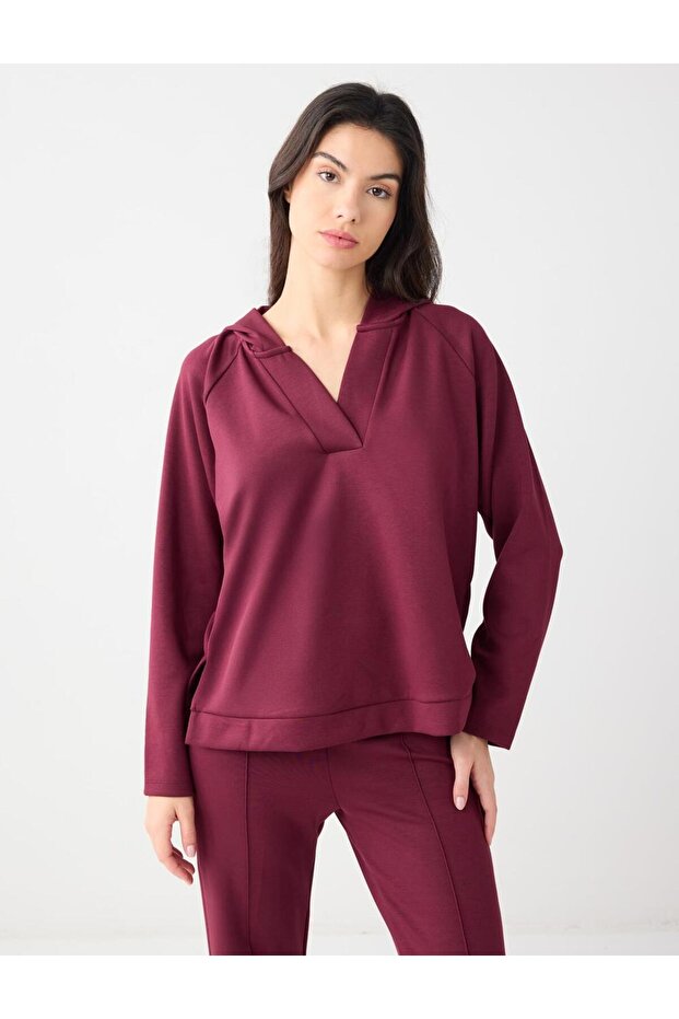 Burgundy Long Sleeve Hooded Knitted Sweatshirt