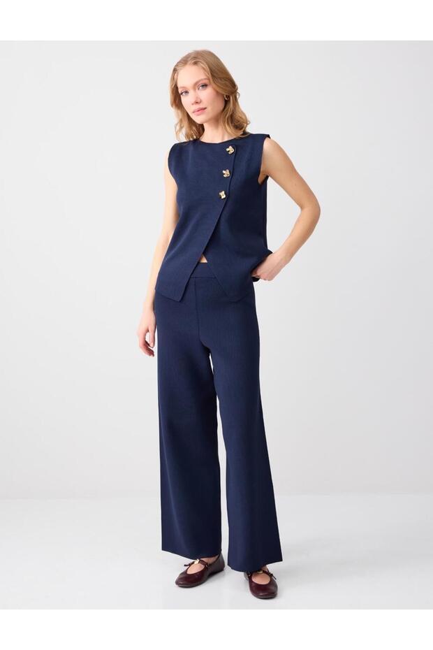 Navy Blue Regular Leg Elastic Waist Knitwear Trousers