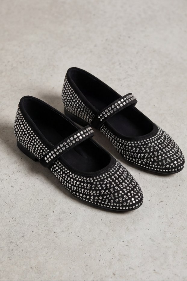 Women's Black Stone Ballerina Shoes – Stylish, Comfortable, Everyday Mary Jane Casual Ballerinas - Buckle Strap Casual