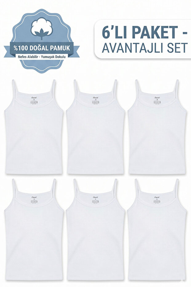 6-Piece Rib Cotton Combed Girl's White Undershirt with Rope Straps