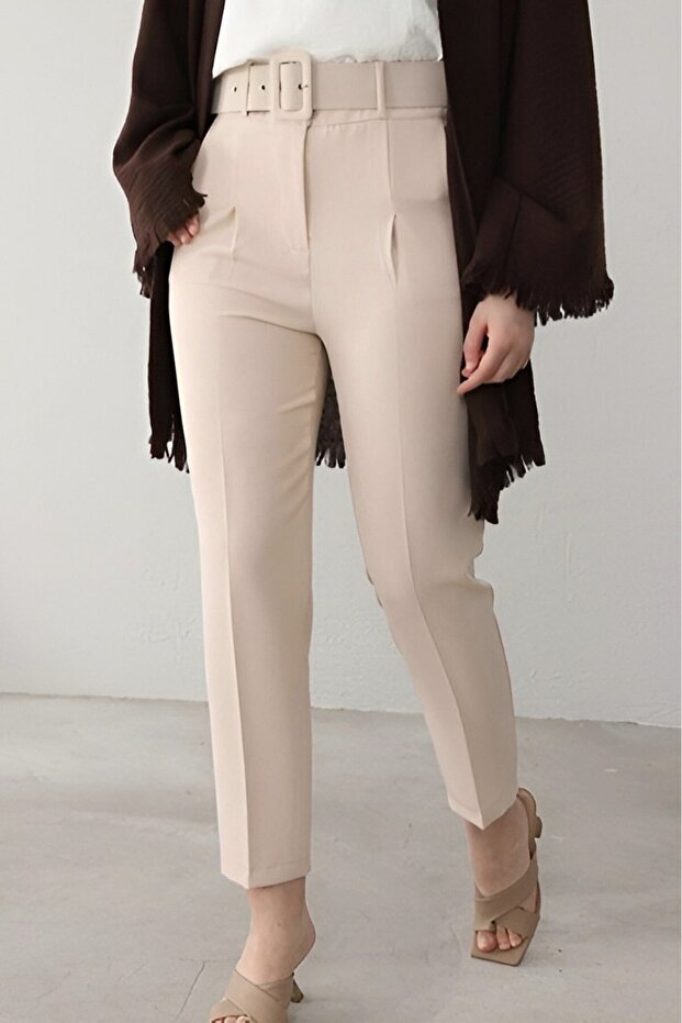 Thick Belted Fabric Trousers -Beige