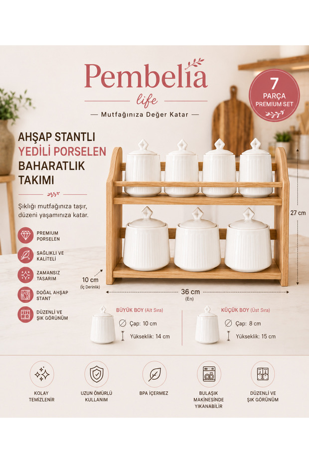 7-Piece Spice Storage Jar Set with Porcelain and Wooden Stand