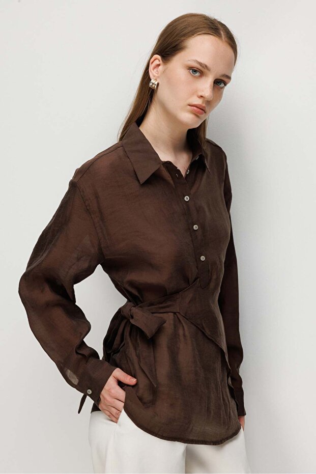 4864 Women's Asymmetrical Side-Tie Long Sleeve Shirt Brown