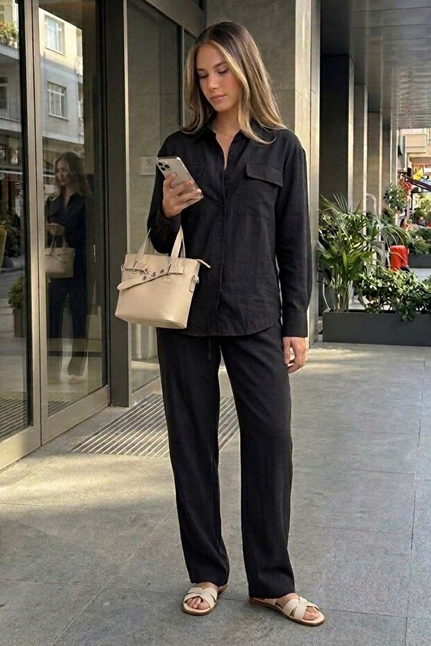Black Tensel Fabric Buttoned Women's Shirt Set Mg2621